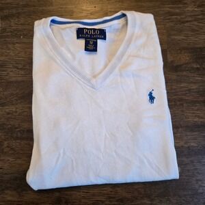 Polo Ralph Lauren Kids White Pima Cotton V-Neck Sweater Blue Pony Size S 8